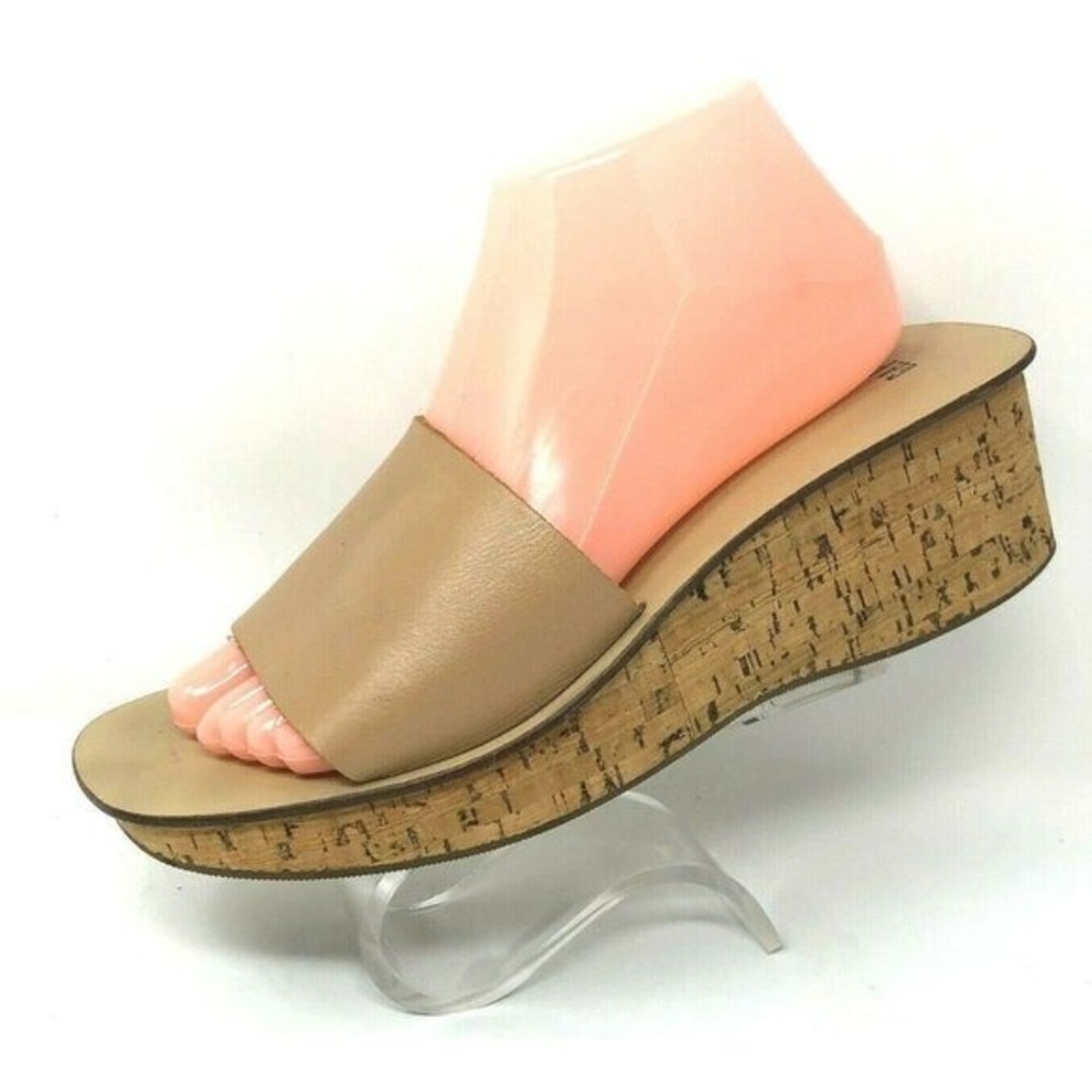 Y2K Womens Chunky Sandals 10 Tan Leather Cork Wedge Platform Slip On Minimalist